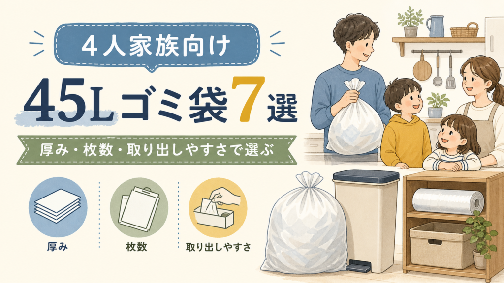 4人家族向け45Lゴミ袋7選のアイキャッチ画像。厚み、枚数、取り出しやすさで選ぶことを示すイラスト。